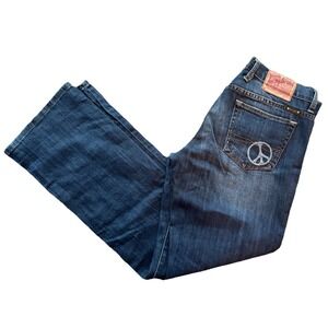 Lucky Brand Dark Denim Blue Jeans Distressed Boot Cut Stretch Peace Sign 28 6